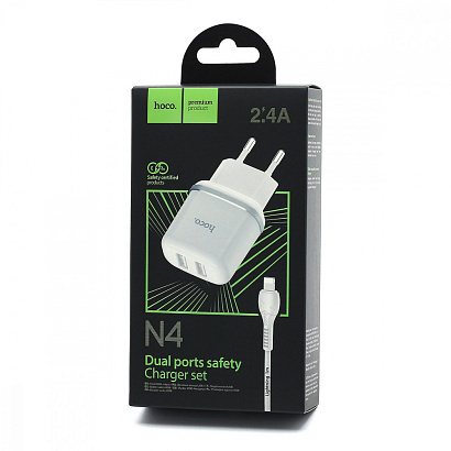 СЗУ с выходом USB Hoco N4 (2.4A/2USB/кабель Lightning) белое